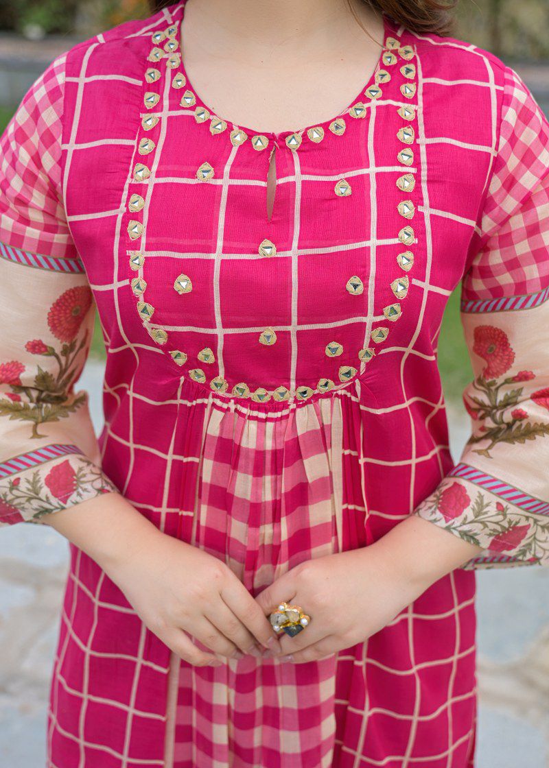 Pink mul cotton with lining A line pattern smart two piece set (S134)