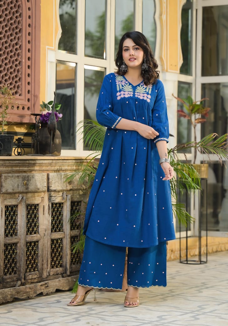 Blue handloom cotton with full embroidery designer two piece cordset (T158)