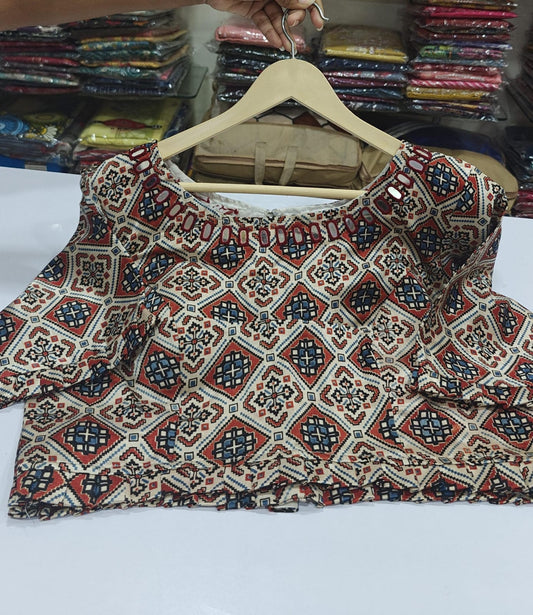 Ivory ajrakh print pure gaji silk with mul lining real mirror work length 15 inch...bust size 40 margins  two two inches on both sides (A886)