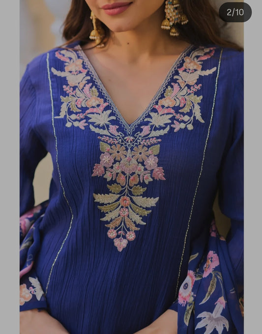 Crush cotton with lining A line kurta with mul lining and designer soft organza dupatta three piece set (B191)