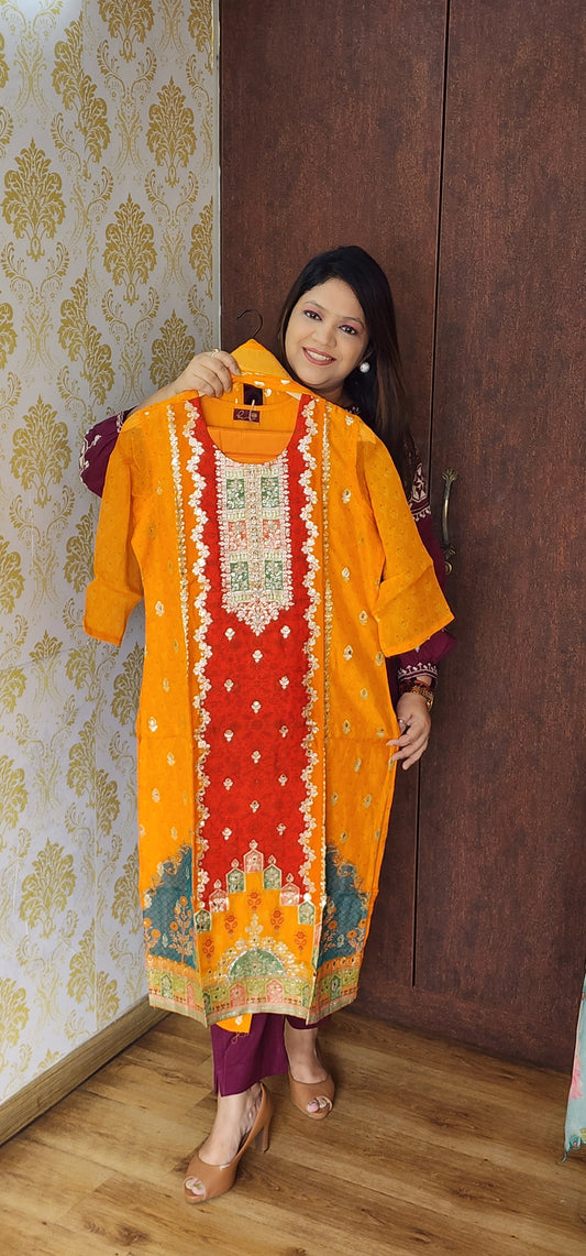 Orange with red pure oraganza with banarsai weaved three piece  set (P800)