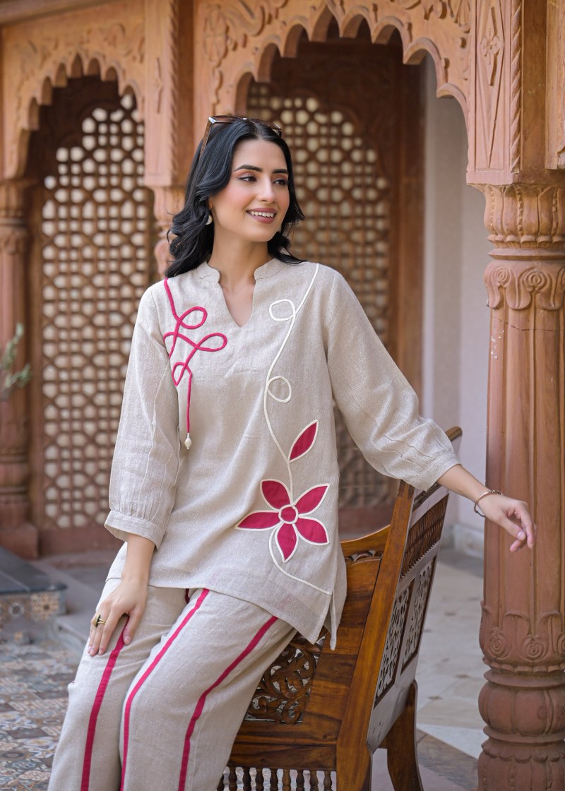 Jute linen with mul lining full dori work smart two piece cordset (B907)