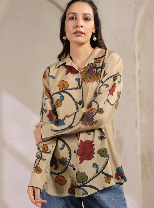Ivory kalamkari shirt low high pattern (A961)