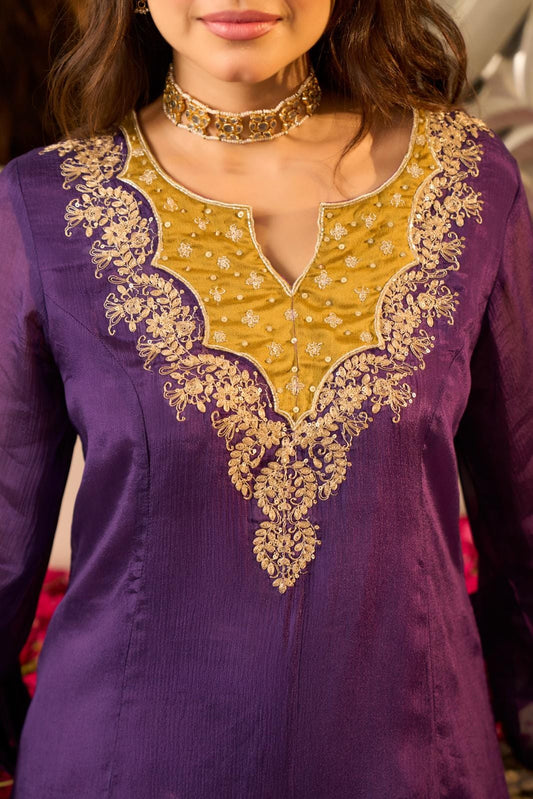 Pure chinnon with flared sharara mul cotton lining three piece set (S424)