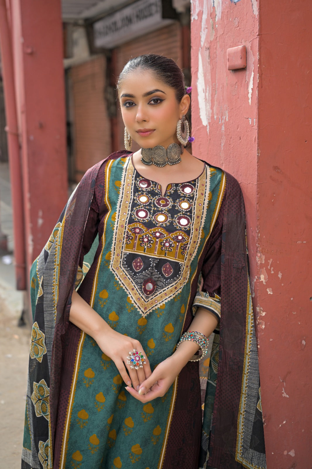 Pure cotton real mirror work three piece set (C653)