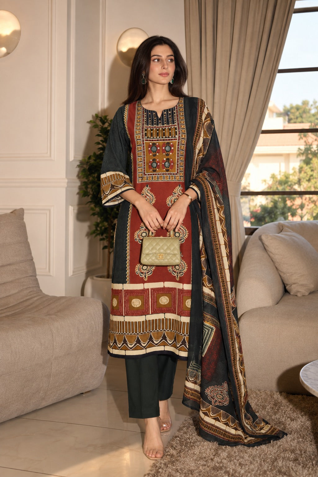 Pure cotton Ajrakh print A line with real mirror work three piece set (S353)