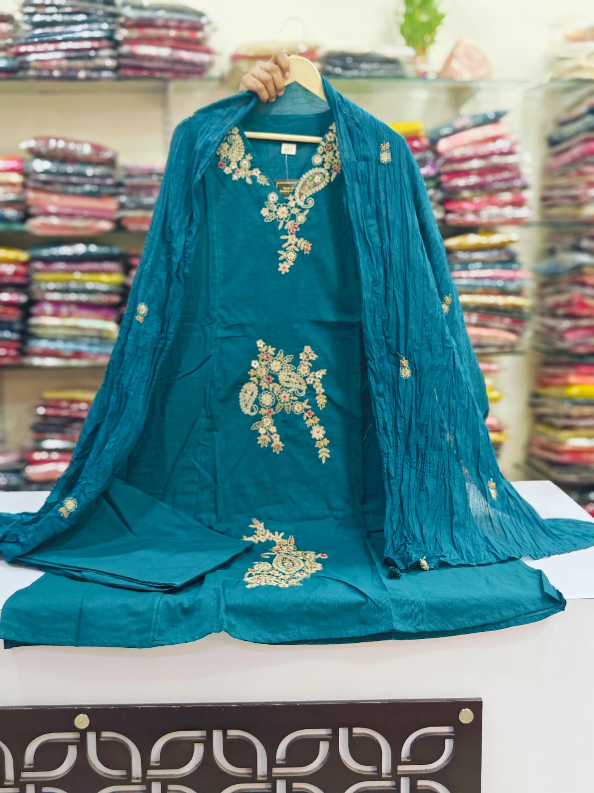 Firozi pure cotton with thread work three piece set (A1123)