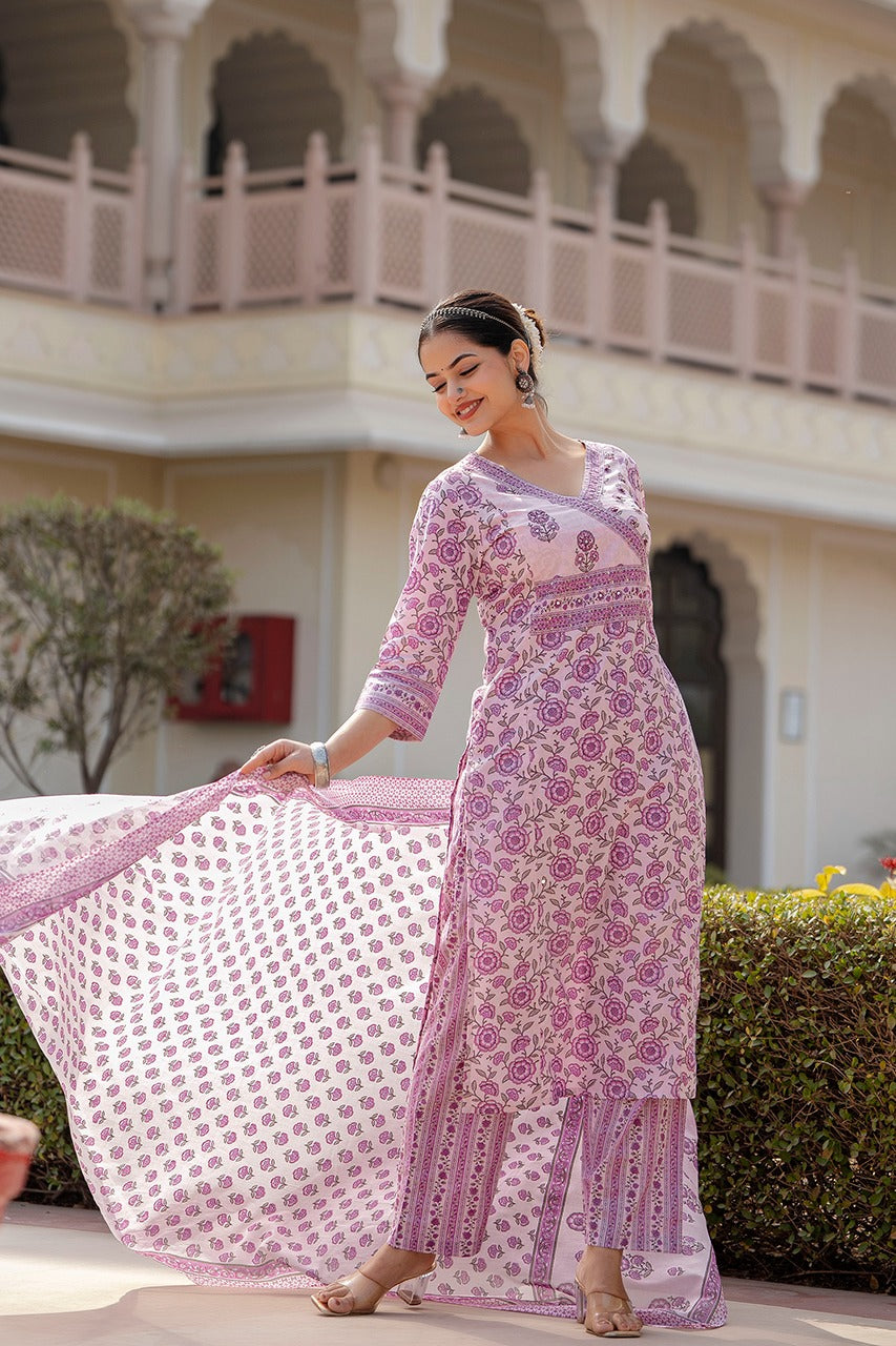 Lilac colour pure cotton mugal print three piece set (P2172)