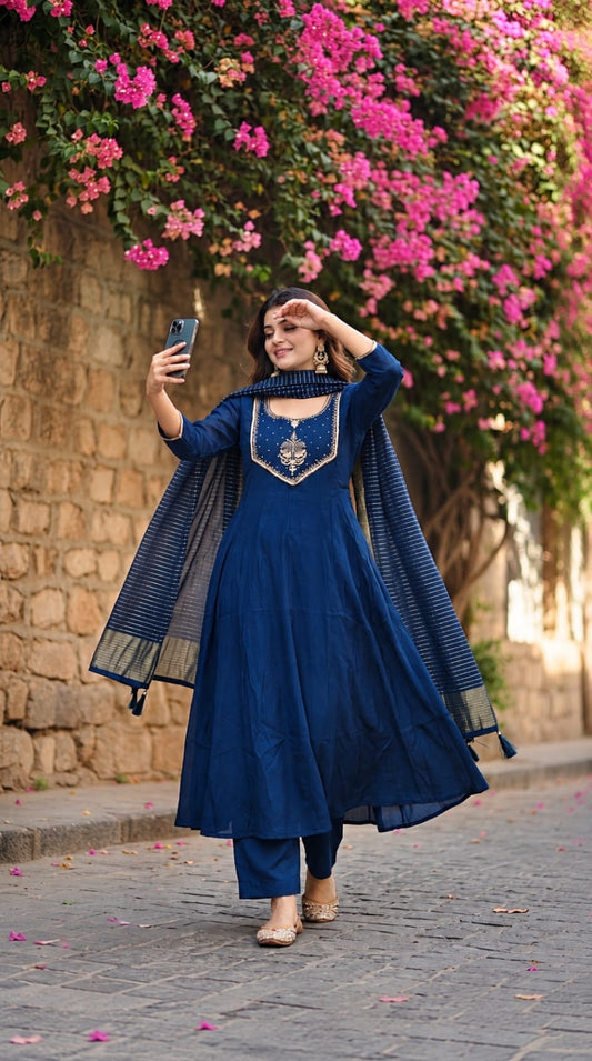 Muslin with lining A line pattern three piece set (S448)