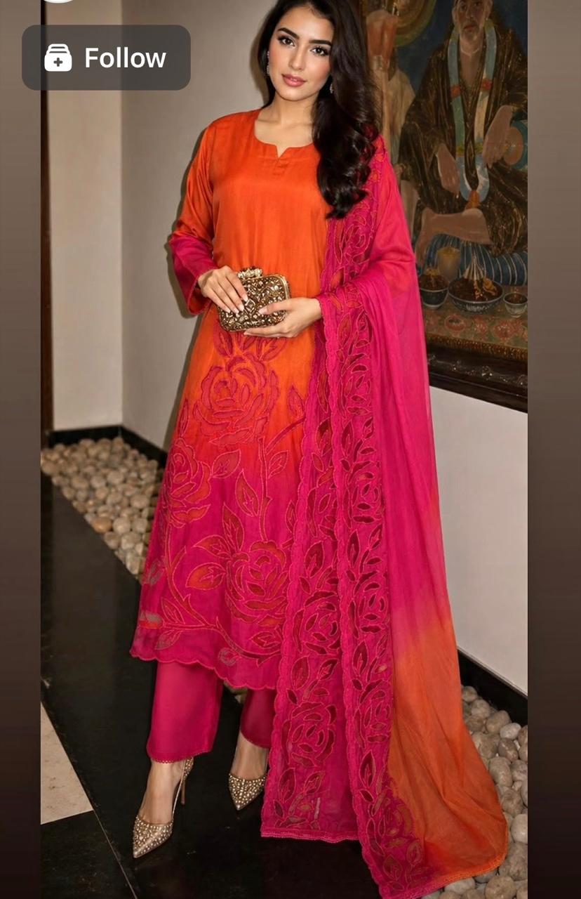 Mul silk cut work with lining three piece set (C528)