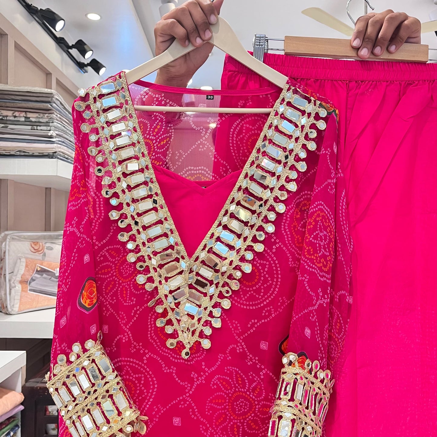 Chiffon bandhani bustier co-ord set with real mirror work and cotton pant (S220)