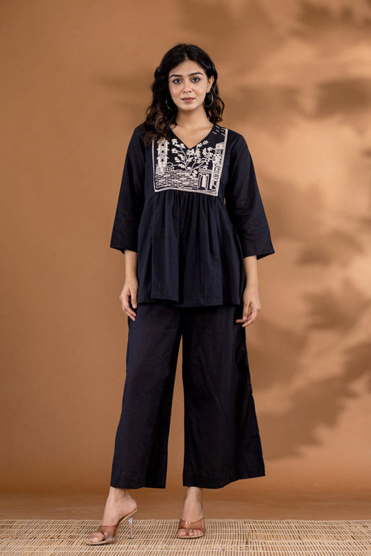 Black cotton linen two piece cordset (P1035)