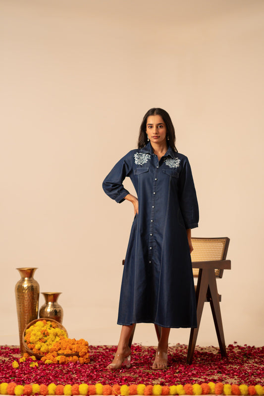 Blue denim with thread work dress (A1129)