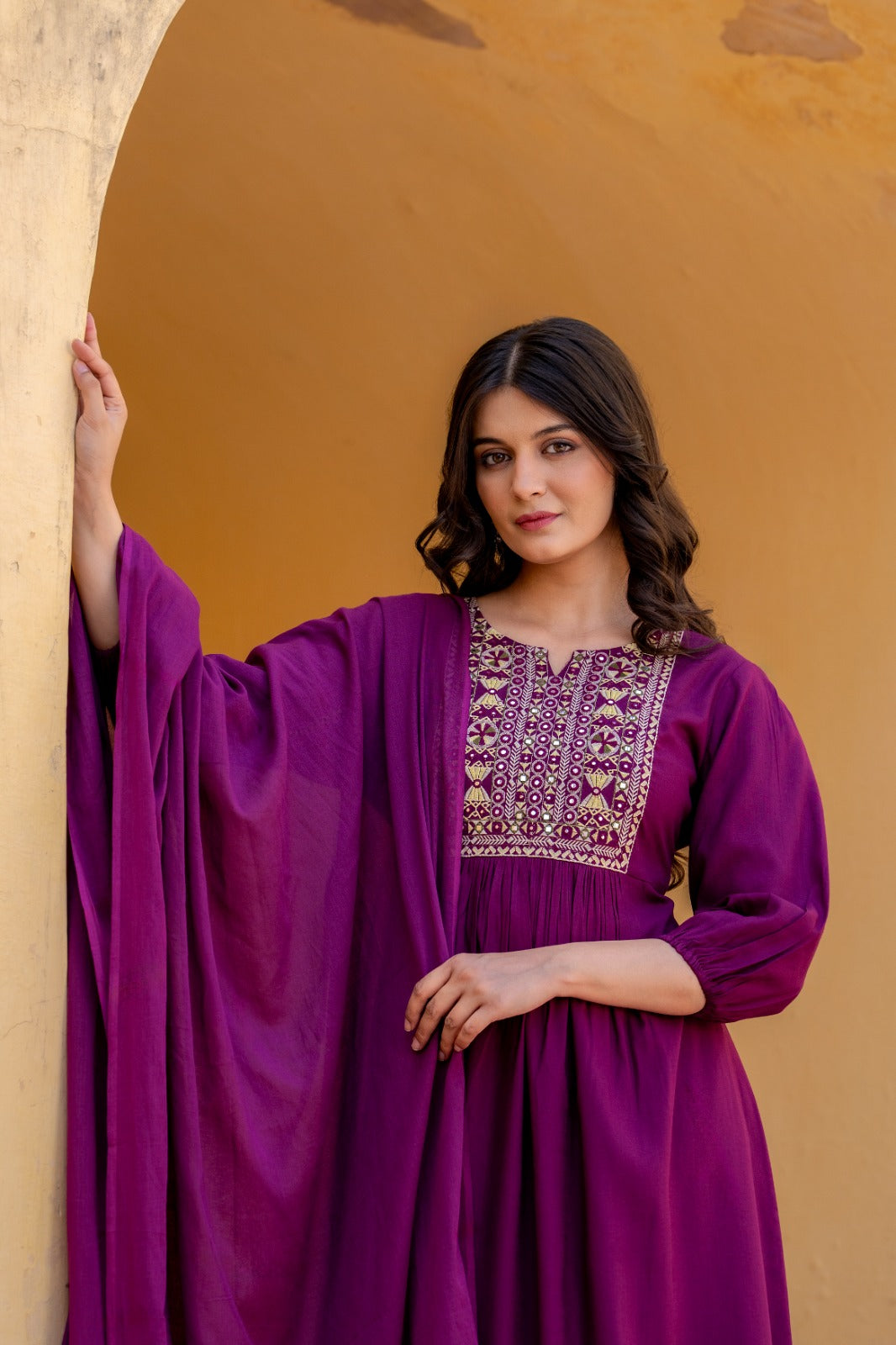 Dark purple cotton modal fully embroidered three piece set (P2136)