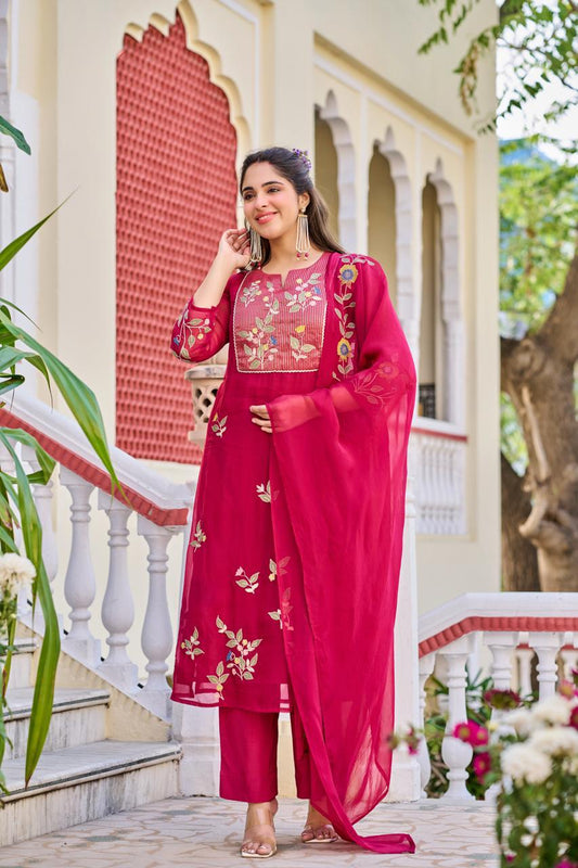 Soft organza with applique work three piece set (B443)