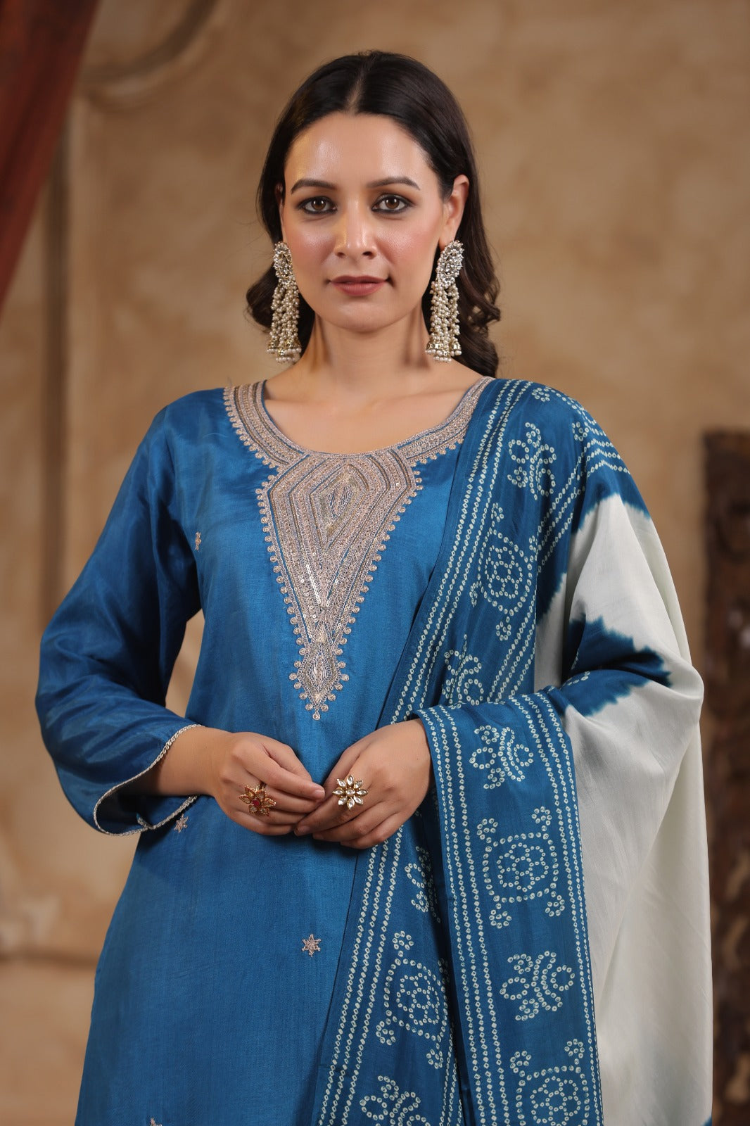 Blue pure silk withheavy work on neck line and bandani  dupatta (P1305)