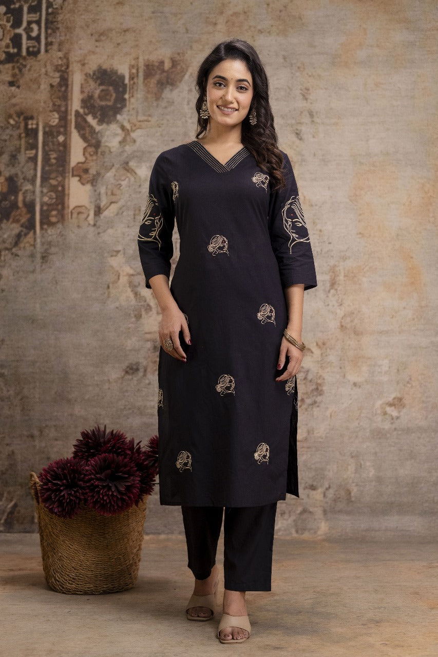 Pure cotton black colour with embroidery three piece set (A1263)