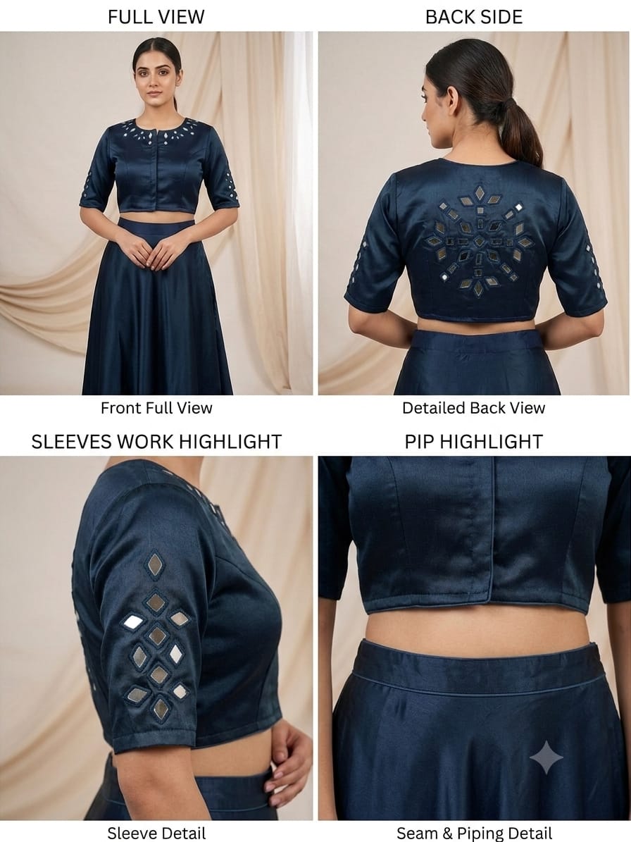 Blue Modal silk with real mirror smart crop top cum blouse (S237)