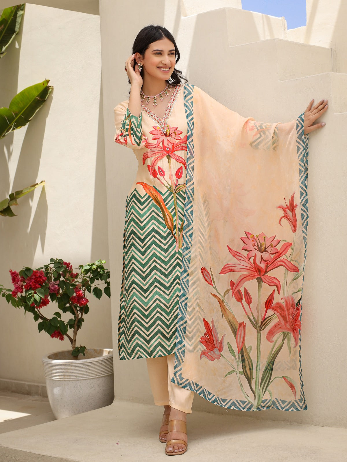 Peach with green pure silk with lining digital print(P116)