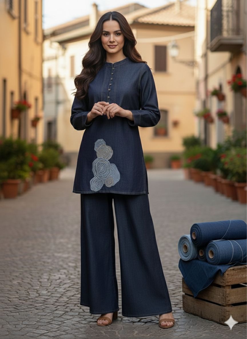 Soft denim with thread applique work smart two piece cordset (A1522)