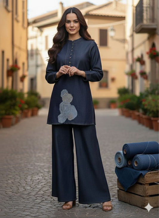 Soft denim with thread applique work smart two piece cordset (A1522)