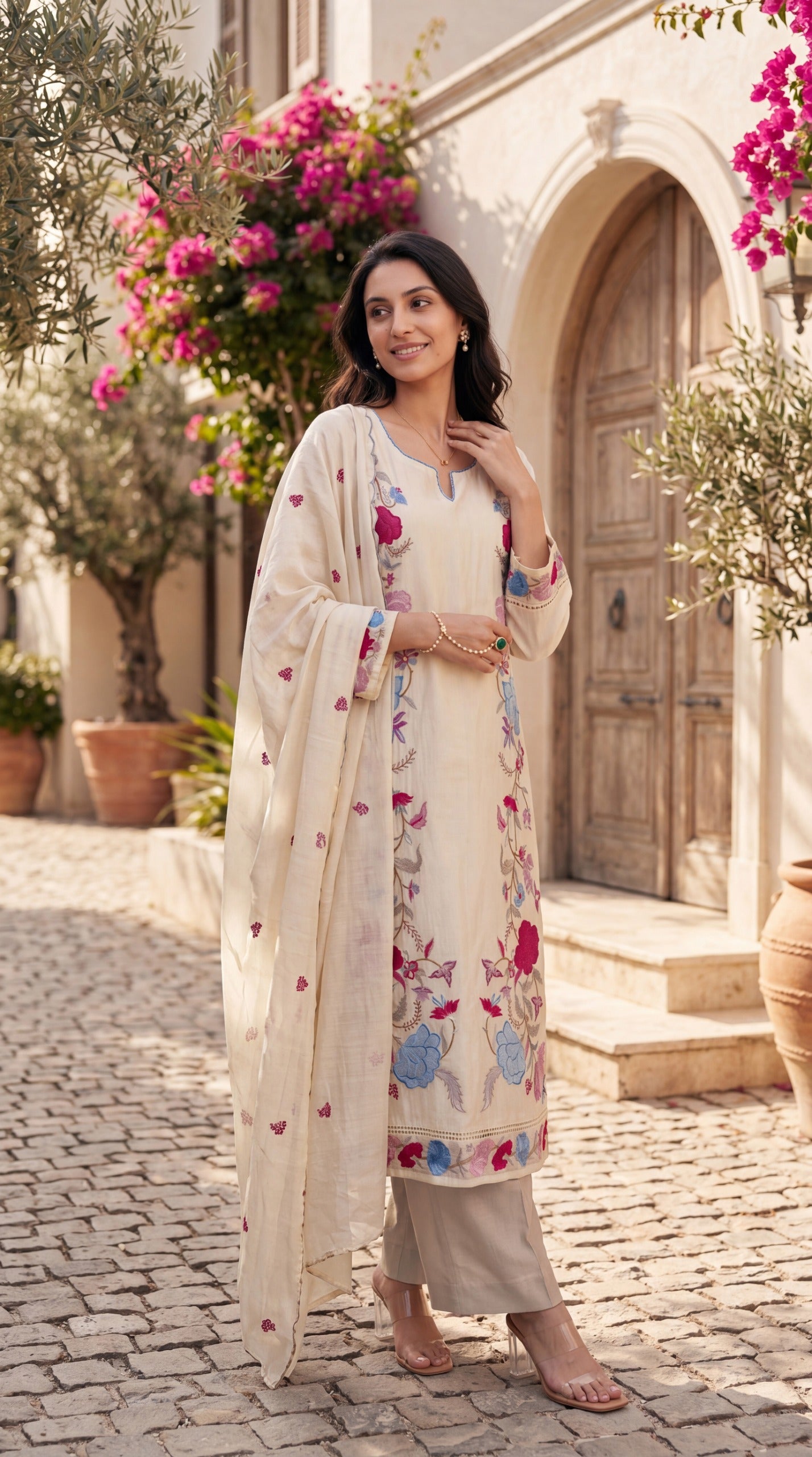 Soft crush chanderi full thread work three piece set (B781)