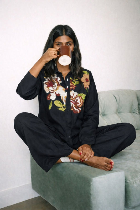 Black pure Muslin fully cross stitch two piece cordset (A1532)