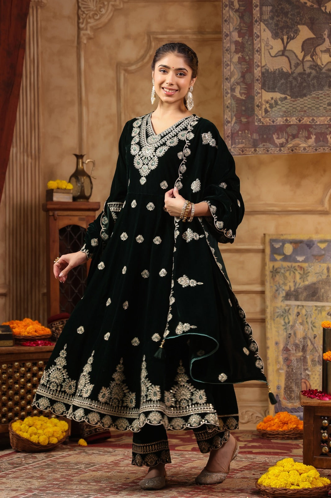 Blue velvet full heavy work flared anarkali (T175)