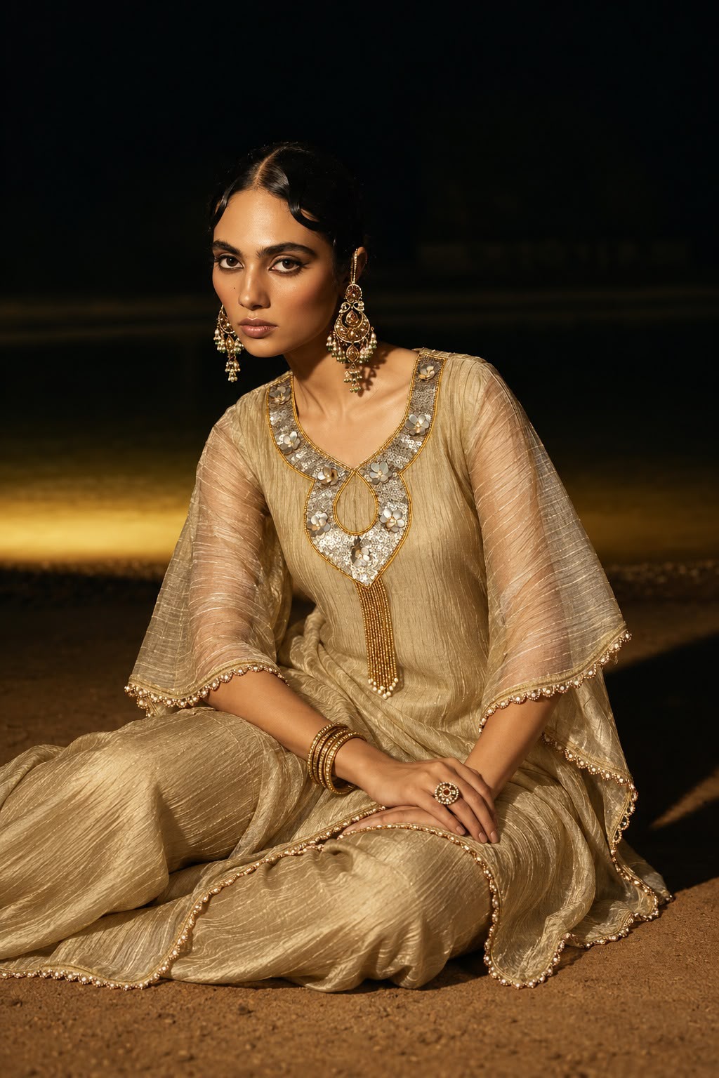 Pure tissue with heavy work on neckline designer two piece kaftan set (S421)
