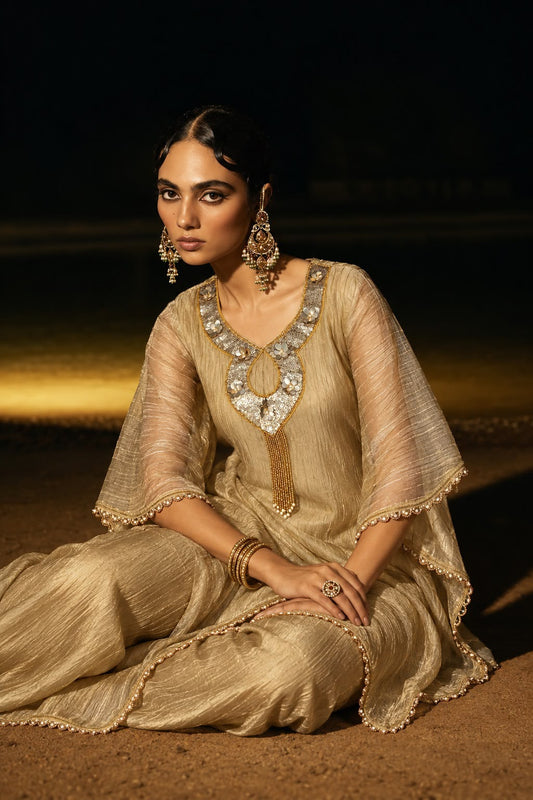 Pure tissue with heavy work on neckline designer two piece kaftan set (S421)