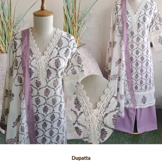 Lilac colour original block print with kota dupatta three piece set (A167)