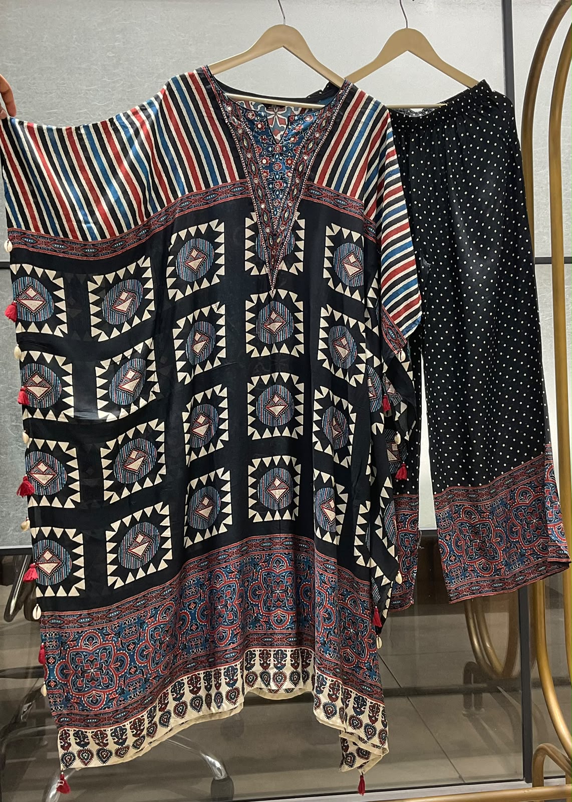 Natural crape Ajrakh print smart two piece kaftan set (C578)