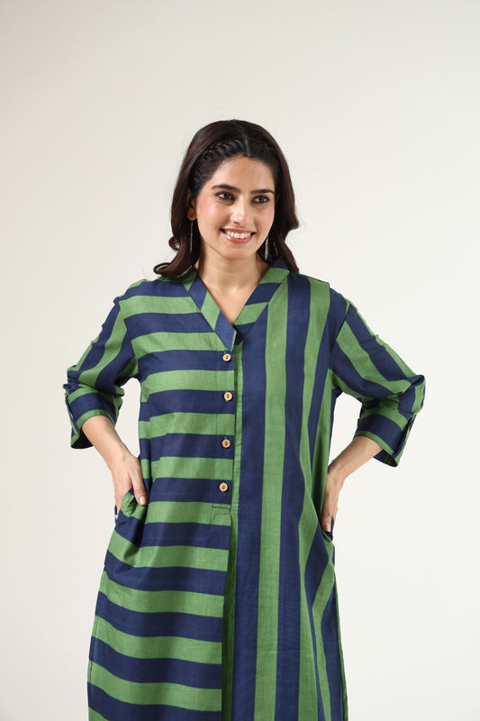 Blue with green pure cotton strips two piece cordset (A525)