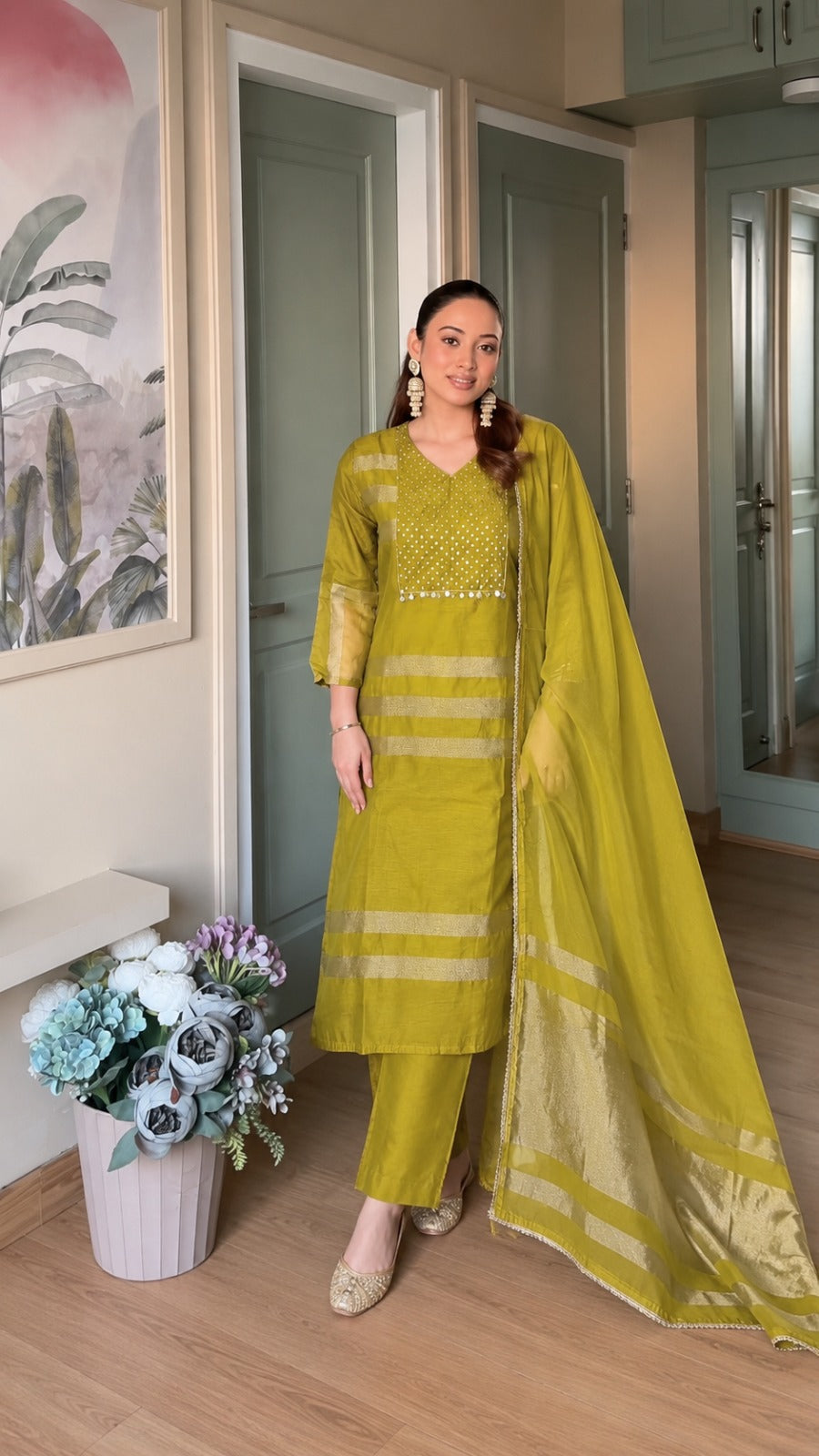 Mul chanderi with lining three piece set (C657)