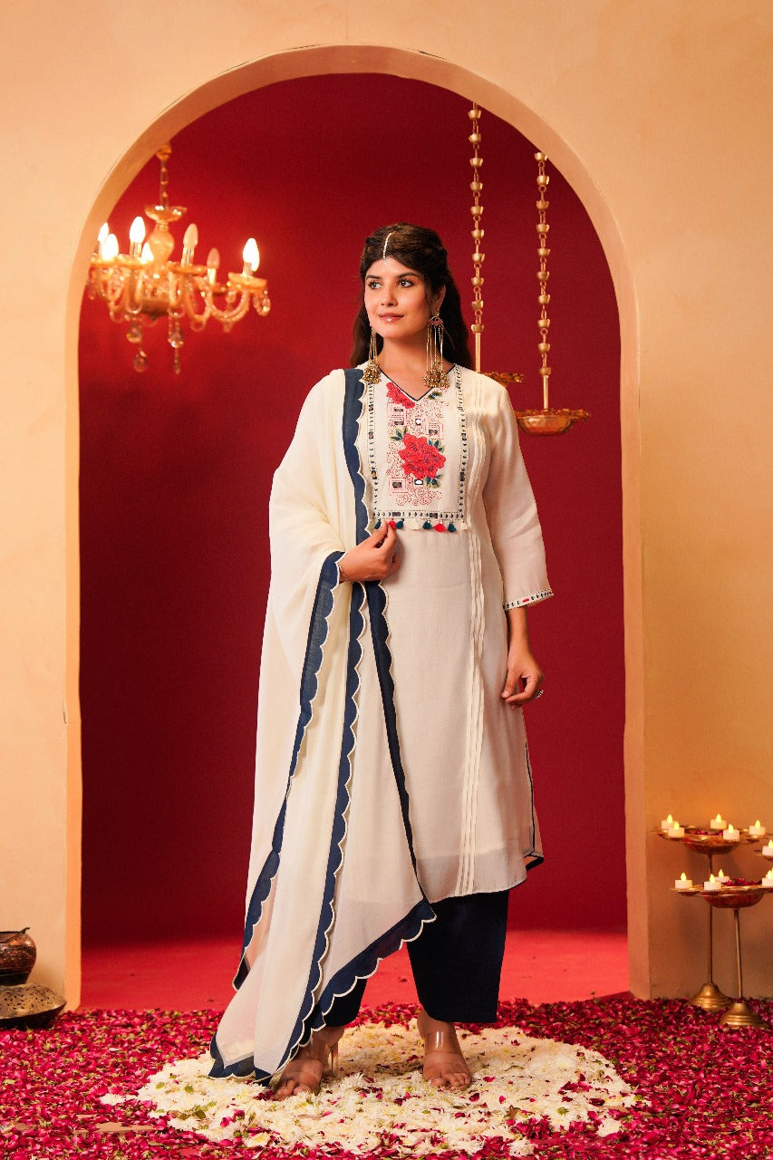 Blue and white pure Muslin with real mirror work and farshi salwar three piece set (A970)