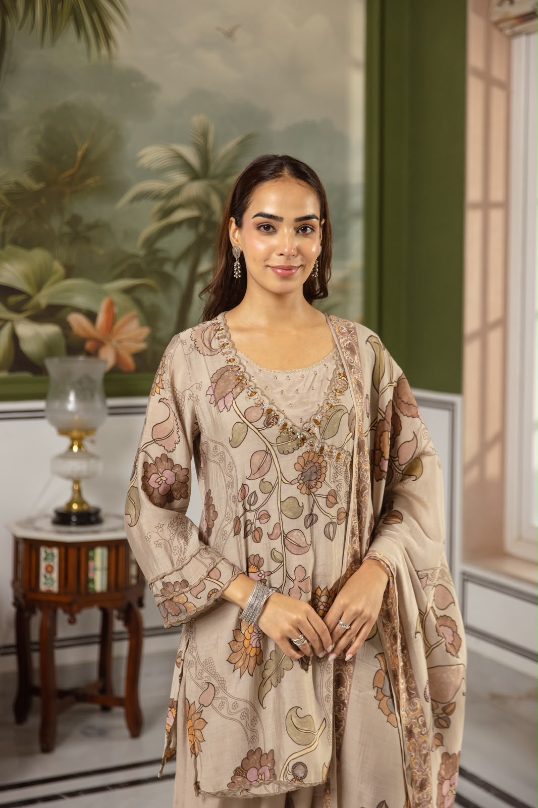 Pure muslin kalamkari print three piece set with farshi salwar (C749)