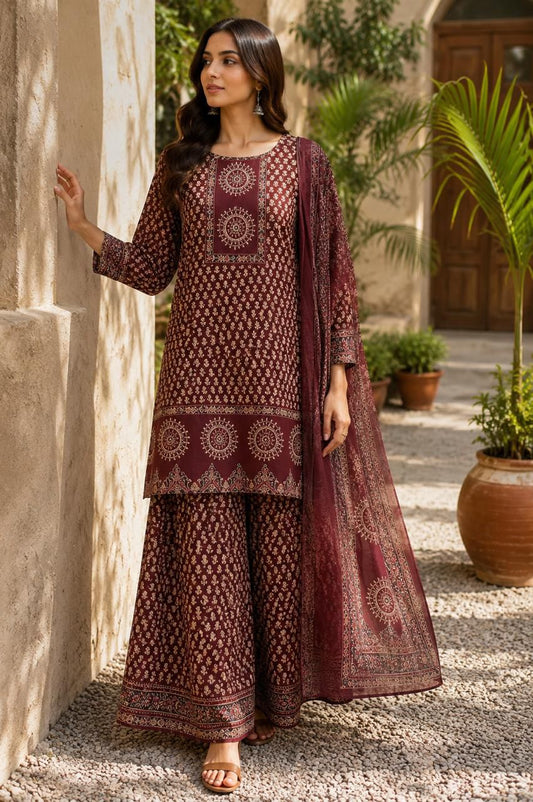 Pure cotton flared sharara with cotton dupatta three piece set (S174)