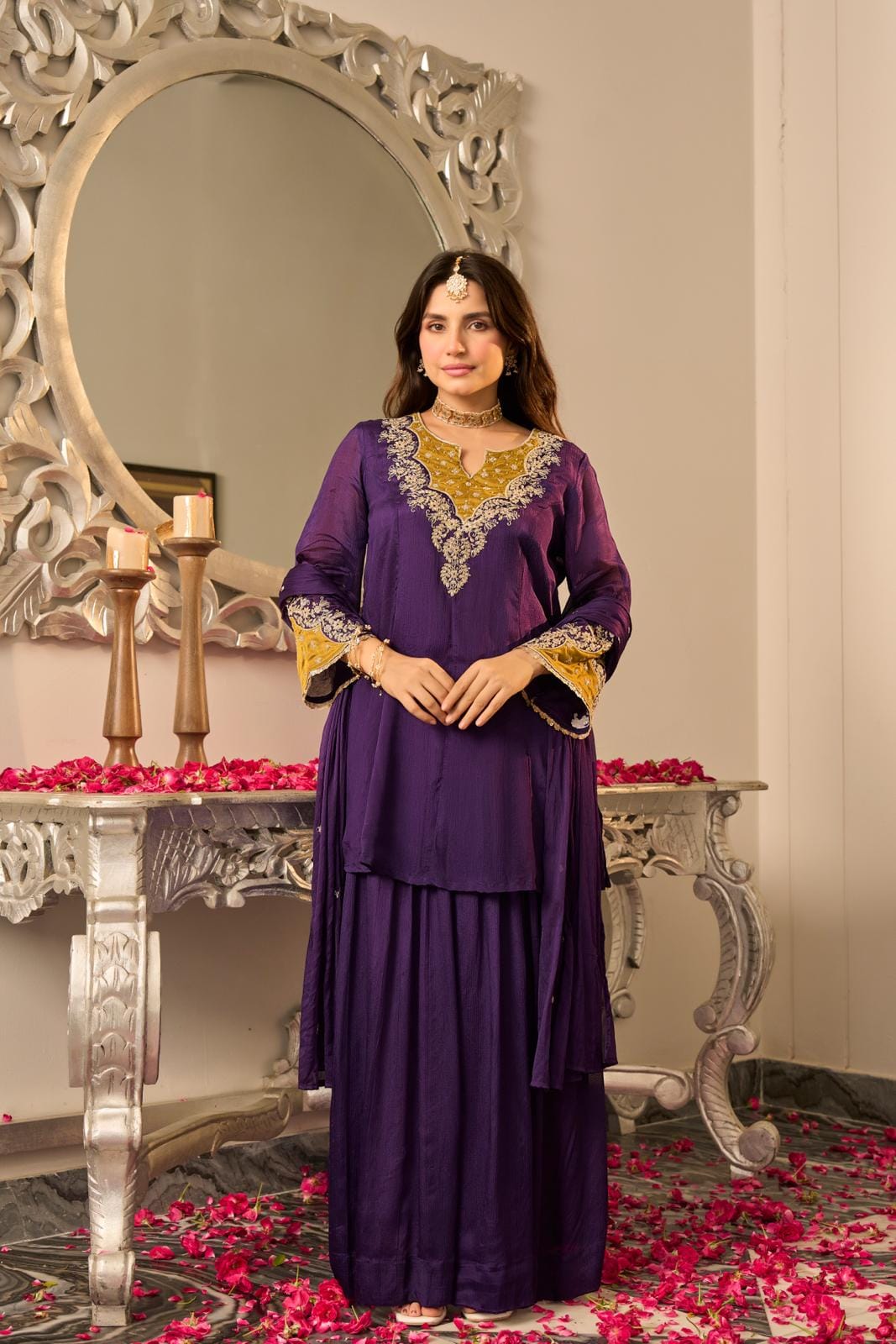 Pure chinnon with flared sharara mul cotton lining three piece set (S424)