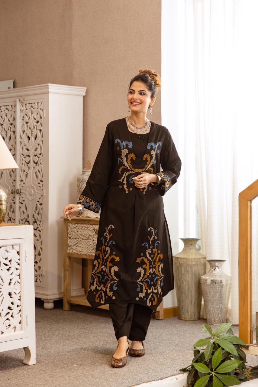 Black Pure cotton fully embroidered on top and bottom smart two piece cordset (S173)