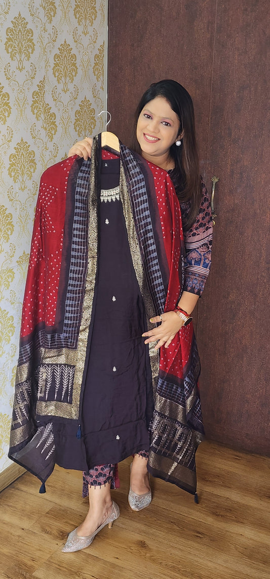 Black pure muslin silk with red bandani dupatta three piece set (P845)