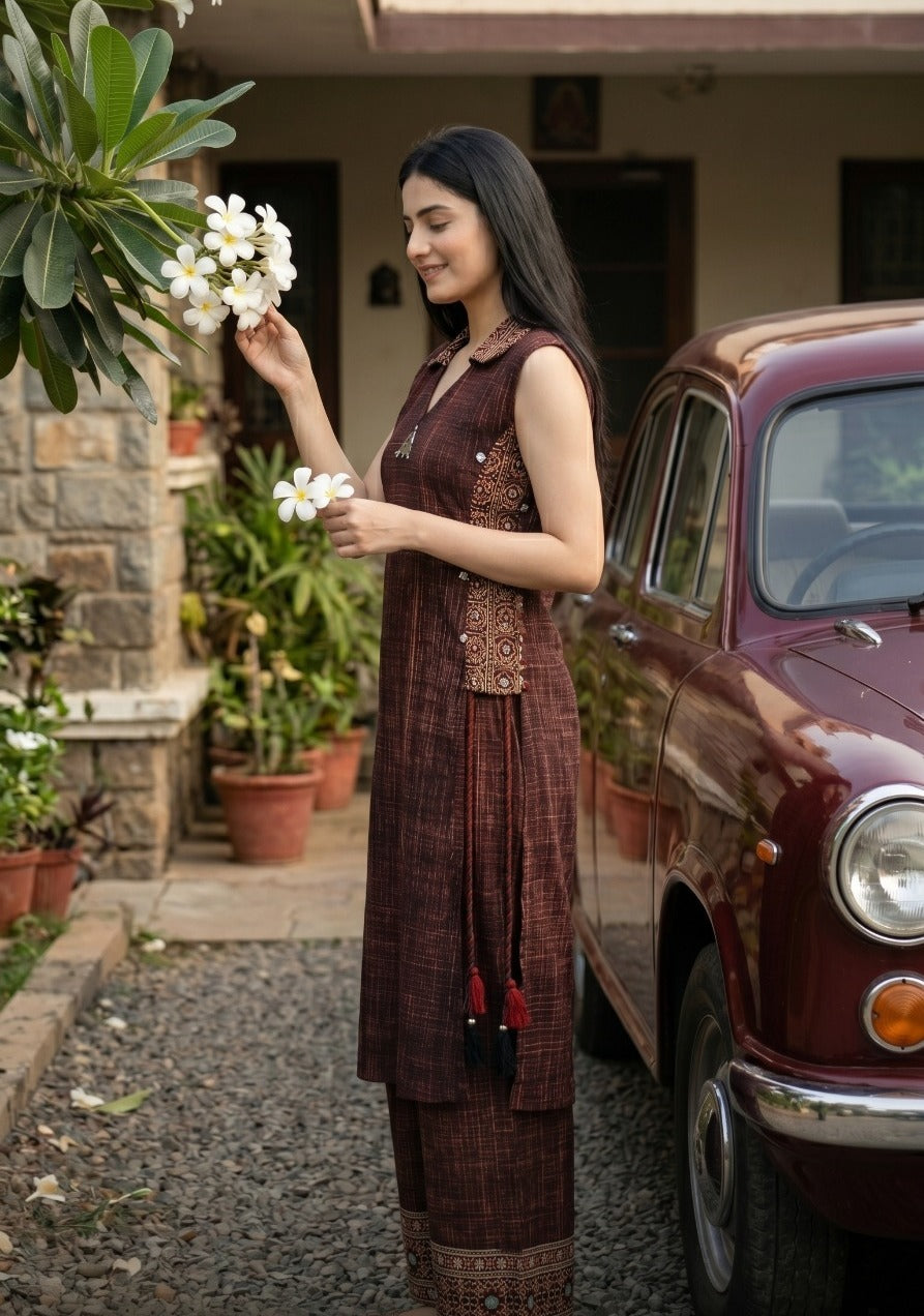 Cotton linen stylish two piece cordset with additional sleeves (C408)