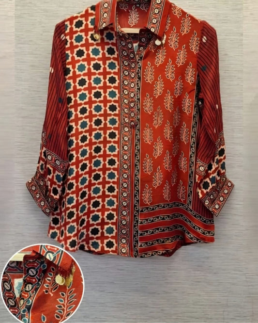Red pure ajrak crape shirt (A1069)