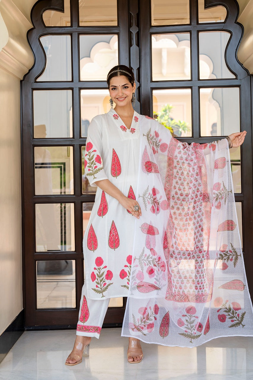 White with red pure cotton with lining block print and kota dupatta three piece set (p761)