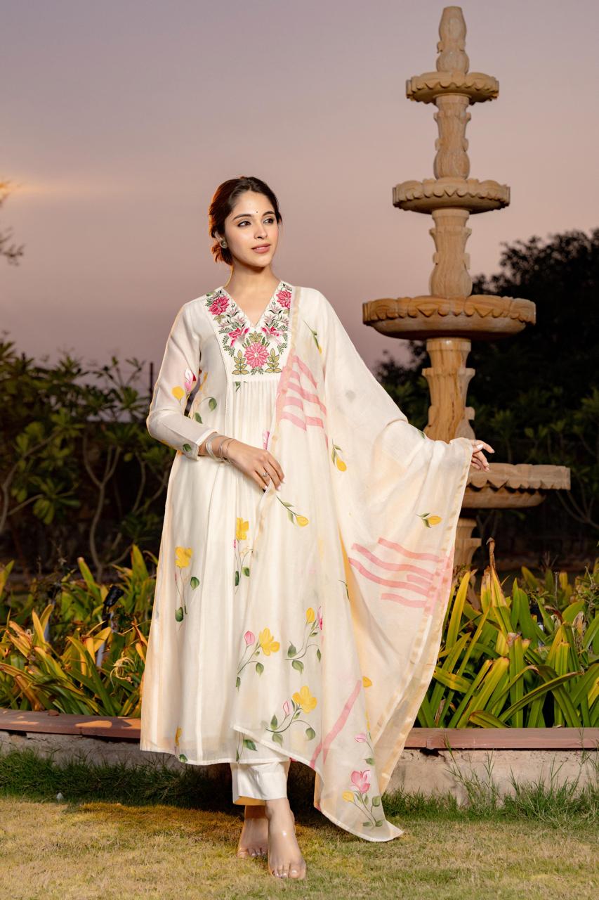 White pure mul chanderi with full thread embroidery on neck line designer three piece set (P1896)