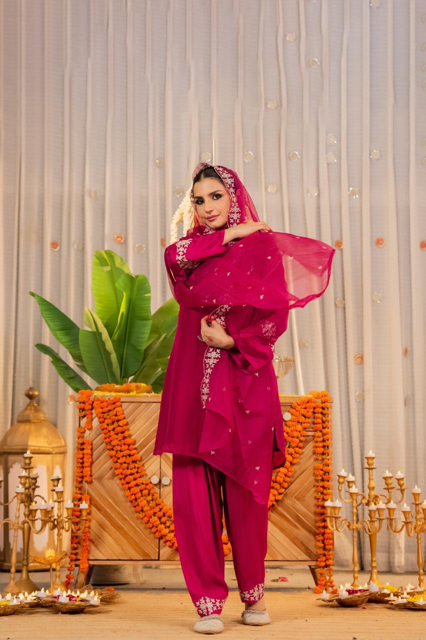 Pure glass oraganza with farshi salwar three piece set (A1241)