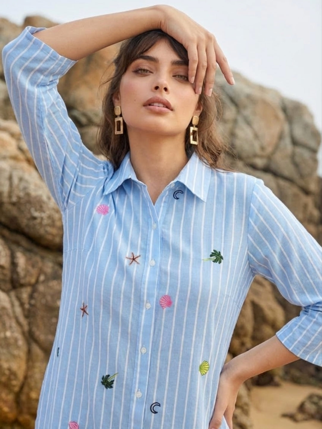 Cotton linen with thread work smart one piece dress (S210)
