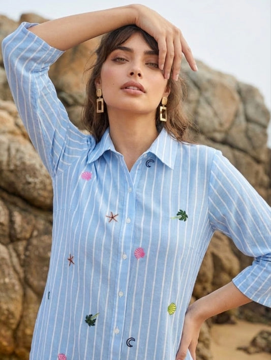 Cotton linen with thread work smart one piece dress (S210)