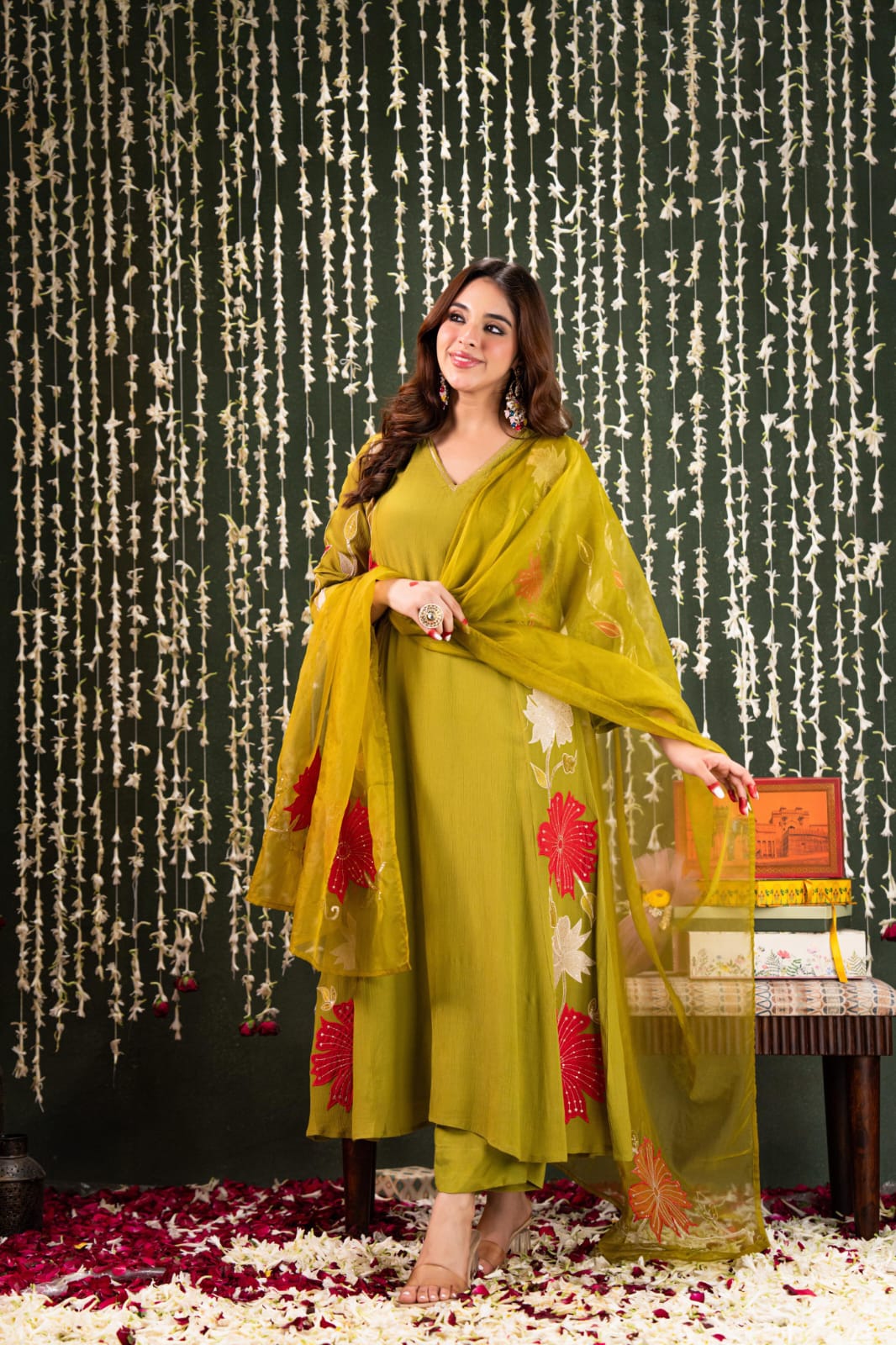 Green crush mul chanderi with full work three piece set (A921)