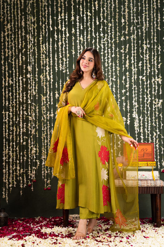 Green crush mul chanderi with full work three piece set (A921)
