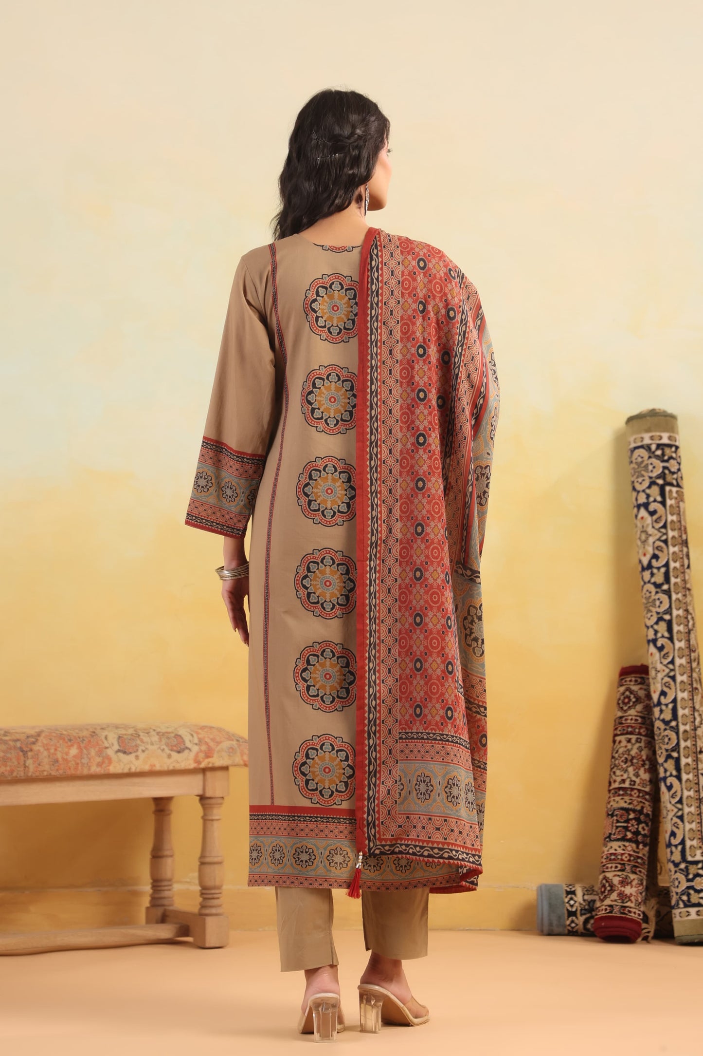 Pure cotton with Ajrakh dupatta three piece set (S161)